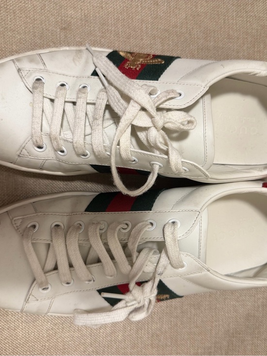 Gucci Shoes - Gucci White Leather Sneakers with Green & Red Web Stripe